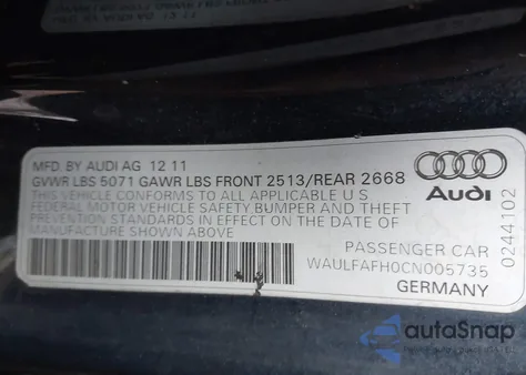 2012 Audi A5 2.0T Premium from USA, damaged, VIN WAULFAFH0CN005735